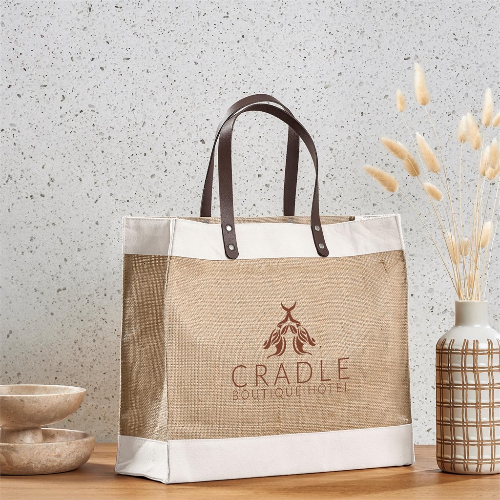 Okiyo Reza Jute & Cotton Tote with Leather Handles - Image 4