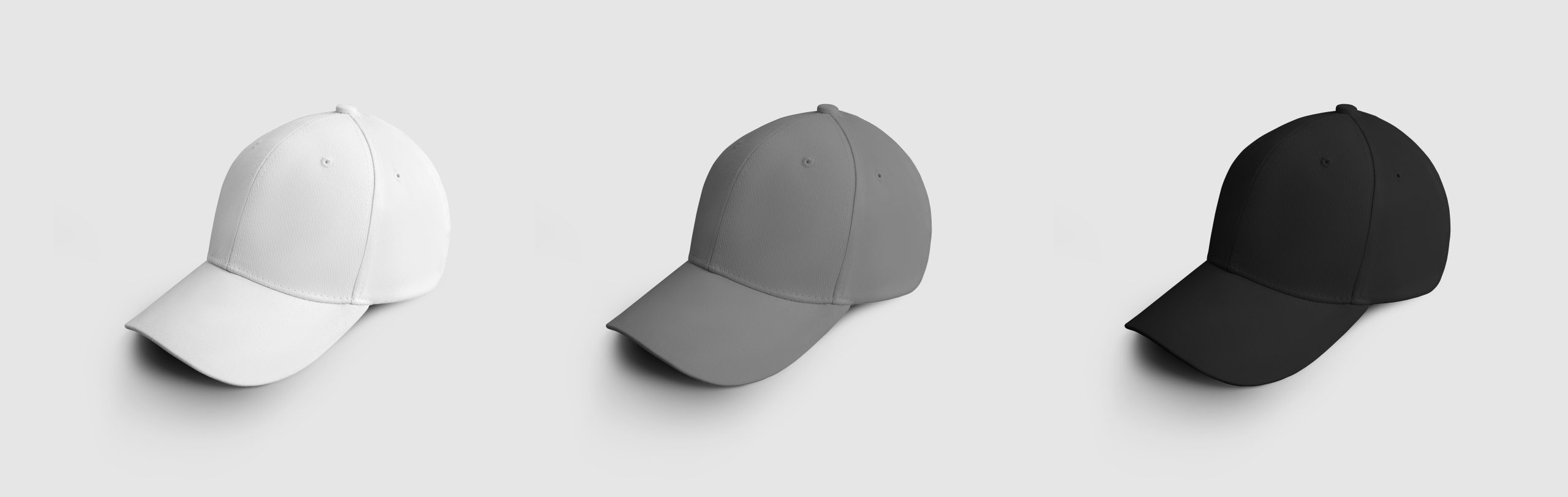 Blank casual hat template with visor, for advertising in an online store. A mockup of a white, gray, black headgear for design presentation.Set of sports baseball cap, isolated on background,side view