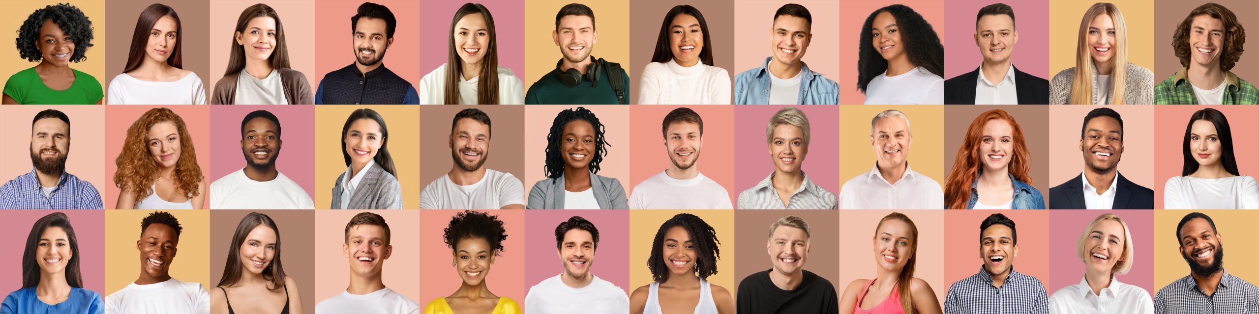 Human personalities concept. Set of happy multiracial people men and women of different ages showing positive emotions on colorful studio backgrounds, panorama, creative image